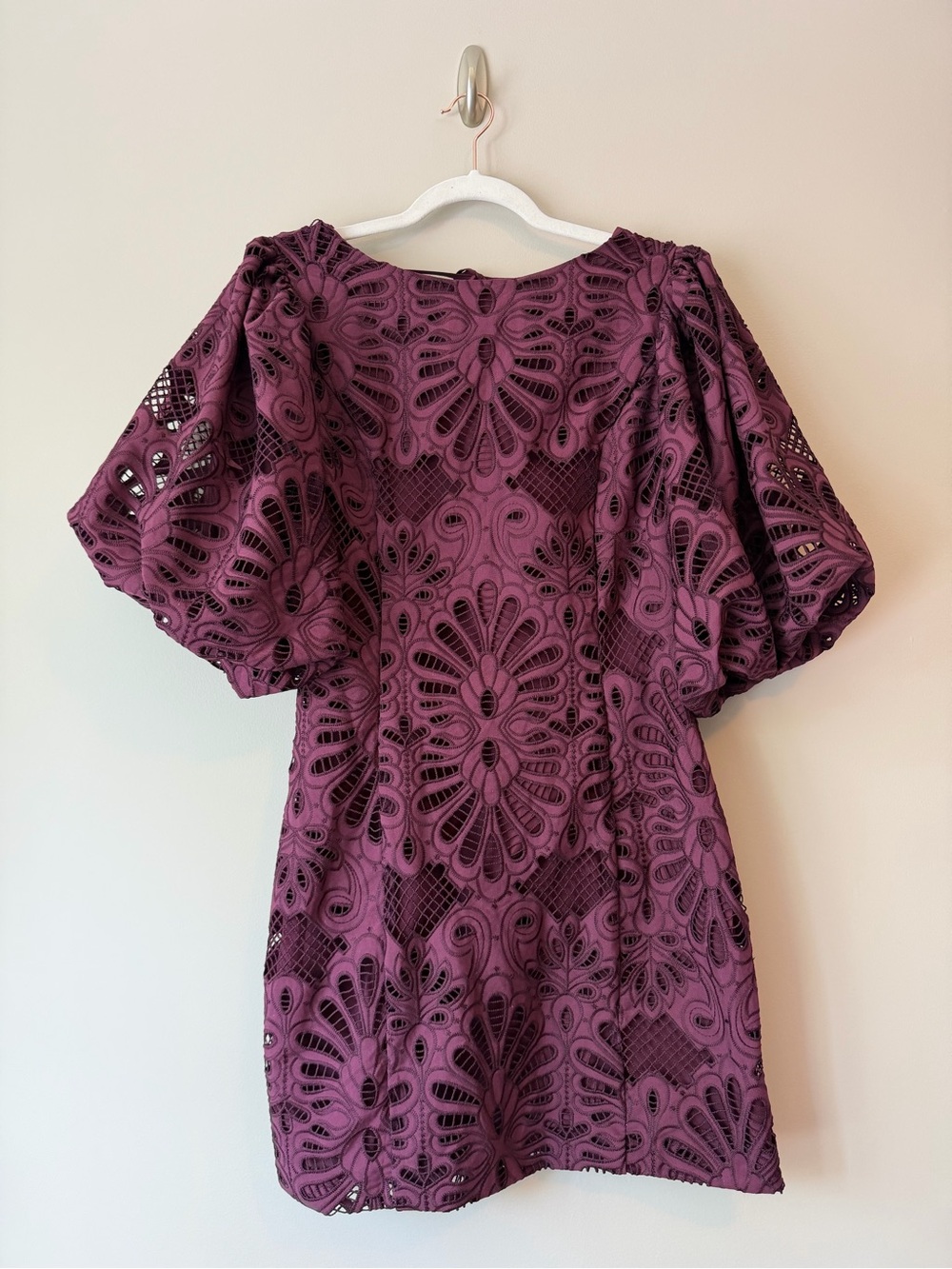 Ciebon Plum Lace Eyelet Mini Dress Puff Sleeve Tie Back | Size L